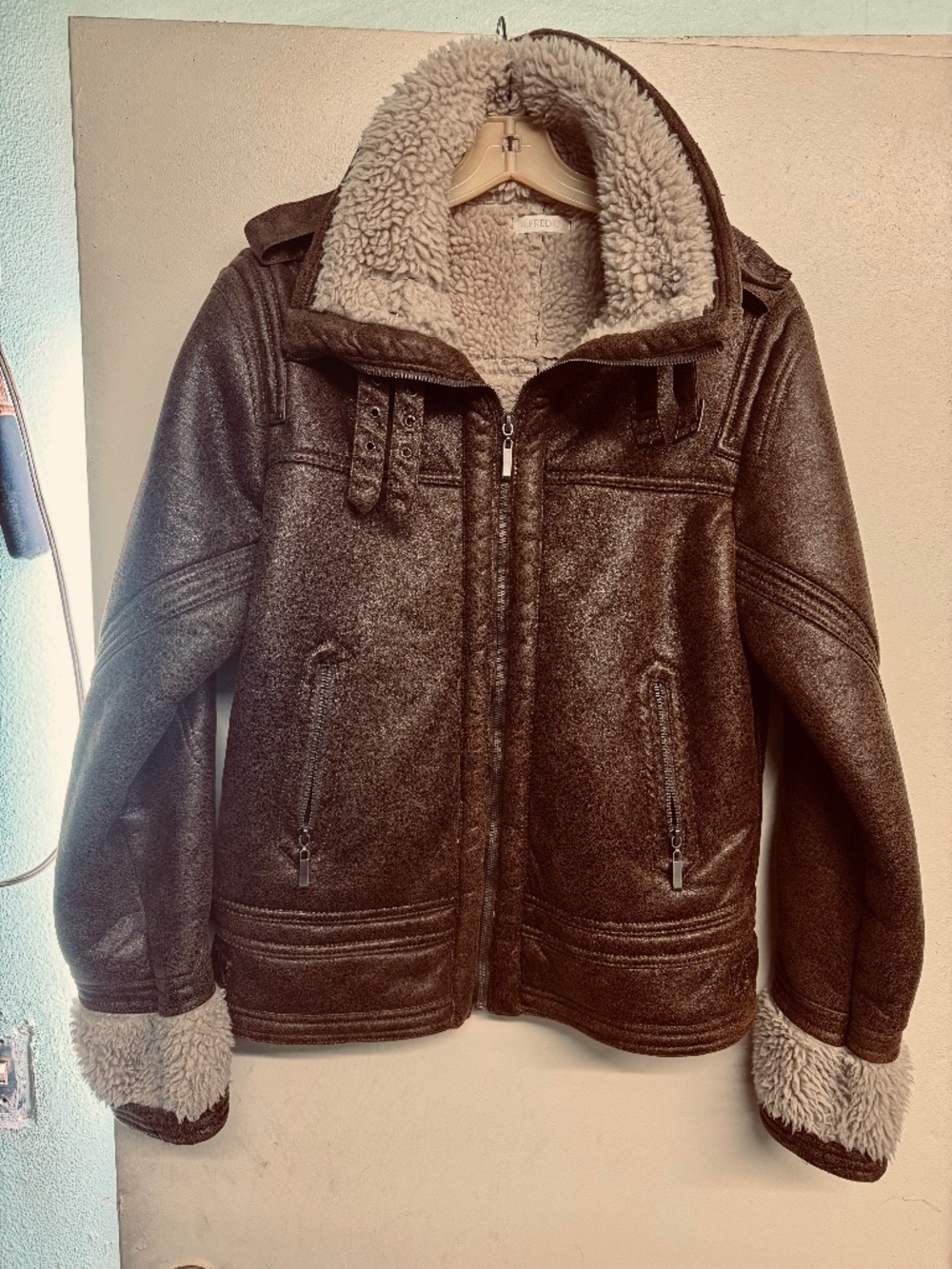 M.Fredric Dark Brown Bomber Jacket with White Wool Cuffs and Inner Lining